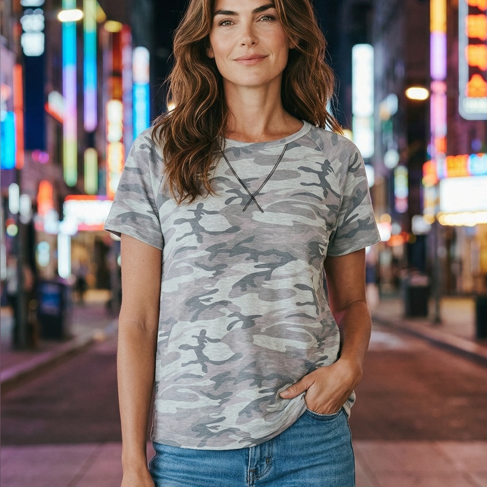 Camo Short Sleeve Top - Gray Camouflage